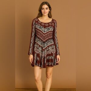 FREE PEOPLE Burgundy Patterned Long Sleeve Dress